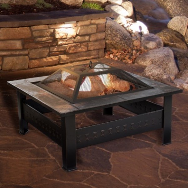 Nature Spring Nature Spring Marble Square Fire Pit and Wood Burning Set | 32 inches with Cover and Log Poker 896846ENM
